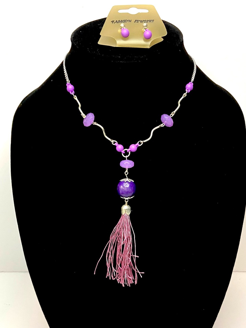 Fashion Jewelry Purple and Pink Bead Tassel Pendant Necklace with Matching Studs